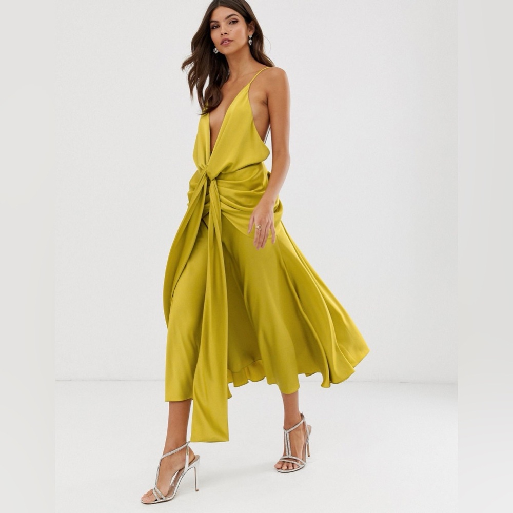 ASOS DESIGN plunge strappy midi dress with tie front - Picture 2 of 9
